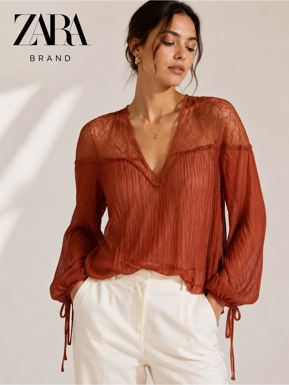 ZARA NWT Sheer Lace Pleated Long Sleeve Blouse Rust Size S